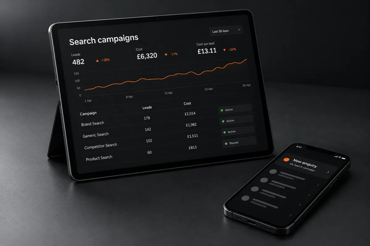 Dark search campaign dashboard on a tablet beside a phone enquiry notification