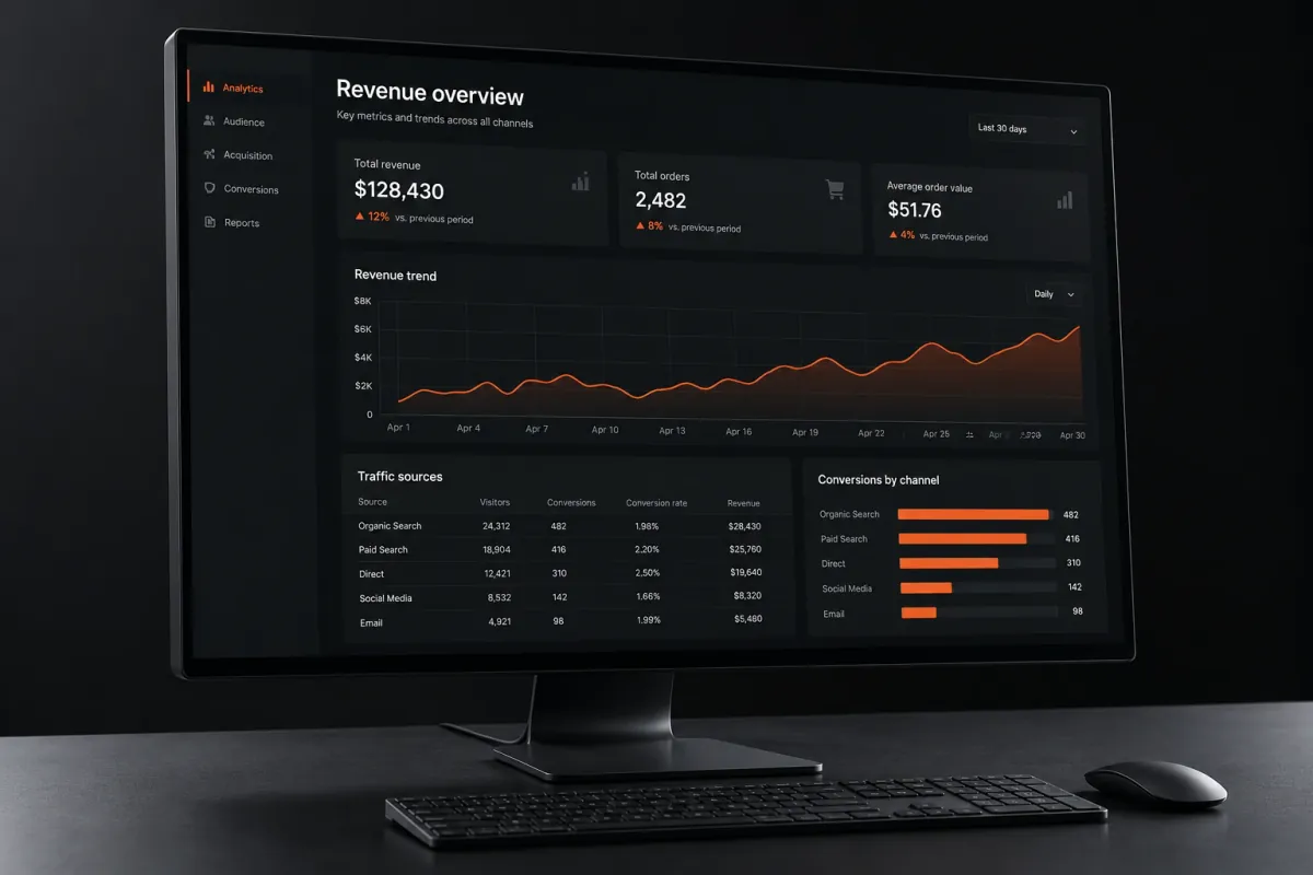 Dark revenue analytics dashboard on a graphite desktop monitor