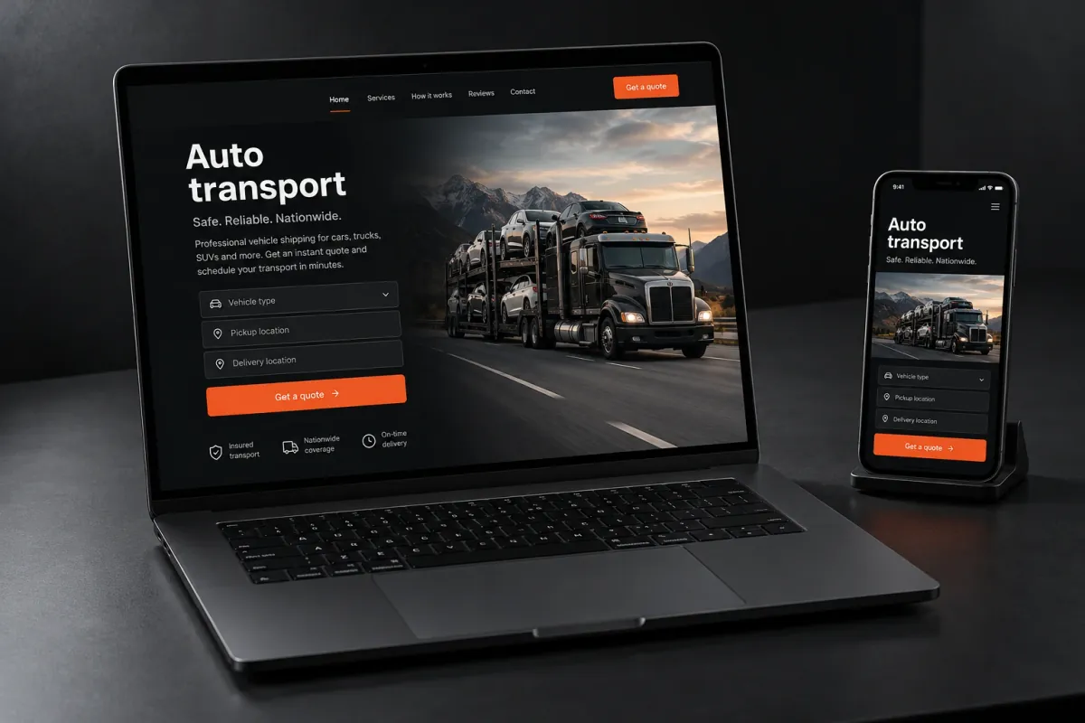 Dark auto transport website displayed on a black laptop and smartphone